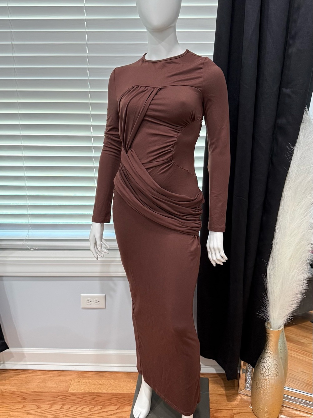 Long Sleeve Brown Ruched Bodycon Dress